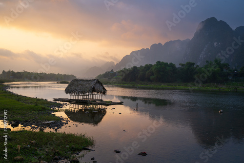 Peaceful Vietnam countryside scenery at the sunrise moment