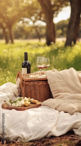A beautiful picnic in the park with a wicker basket full of food and wine, a candle, and flowers.