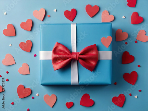 Celebrating Dad: Overhead shot of a neatly wrapped gift, bowtie, and hearts arranged on a bold blue background design with ample message space.