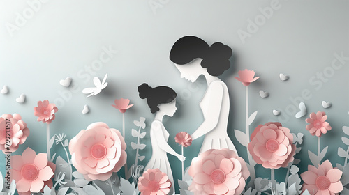 Paper Cut of Mother and Child in a Field of Flowers