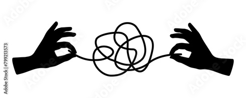 Hands working together to untangle rope, concept of solving problems and achieving success