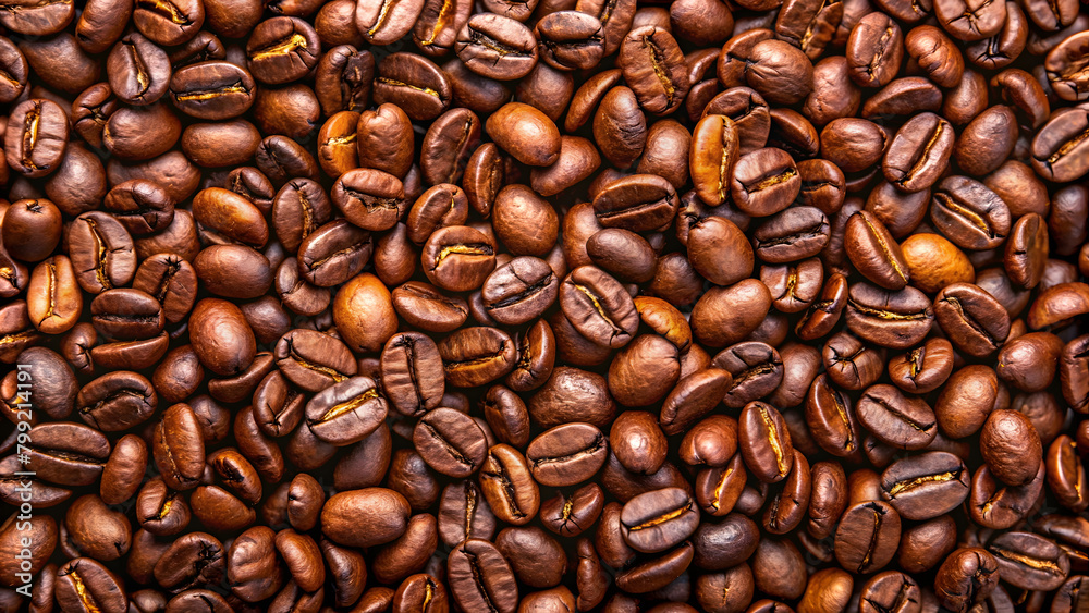 Obraz premium Roasted coffee beans on full frame background. Close-up