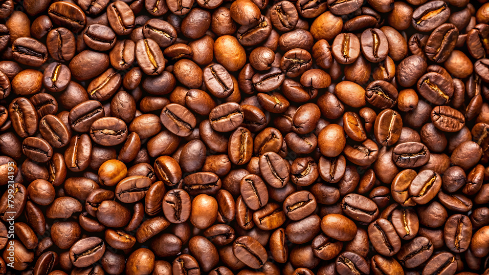 Obraz premium Roasted coffee beans on full frame background. Close-up