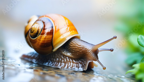 A close-up of a snail on a wet surface with a blurred green background photo