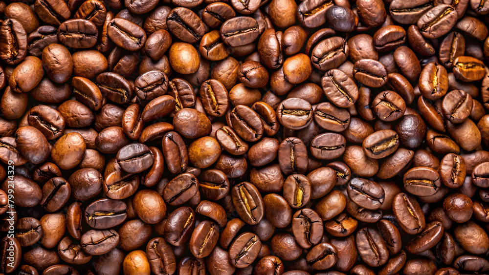 Obraz premium Roasted coffee beans on full frame background. Close-up