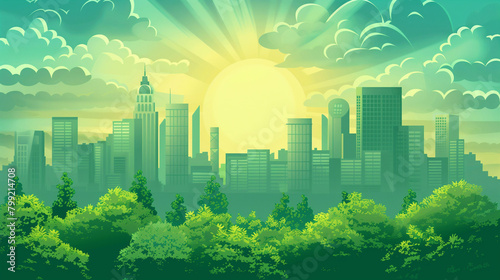 Vector illustration of a green city representing Earth Day and World Environment Day  emphasizing sustainable development with eco-friendly urban designs and lush landscapes. 