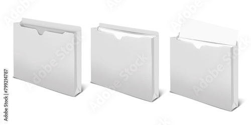 Blank file jacket box with white paper sheets. Realistic vector mockup. Document holder case mock-up