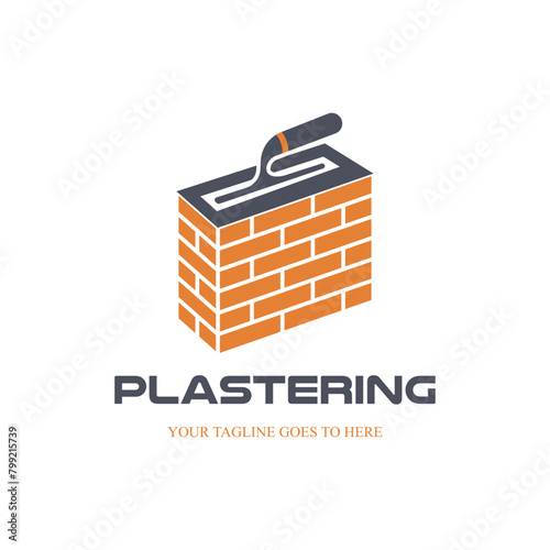 Plastering template logo design. illustration of trowel plastering with stacked brick