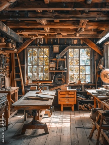 Rustic Carpentry Workshop: Artisans Designing Craft in Cozy Woodworking Space