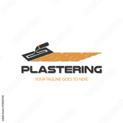 Plastering template logo design. illustration of trowel plastering with stacked brick