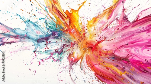 A captivating UHD photograph capturing abstract art splashes in a riot of colors against a clean white backdrop. 