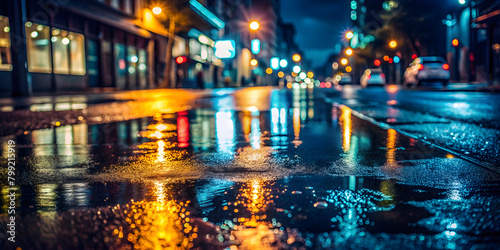 Empty background scene. Dark street reflection on wet asphalt