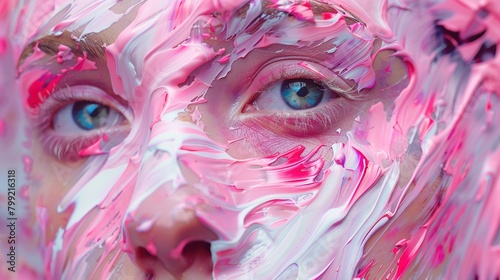 A mesmerizing UHD photograph capturing the beauty of abstract art with pastel colors meticulously painted to represent the intricate details of a face and body. 