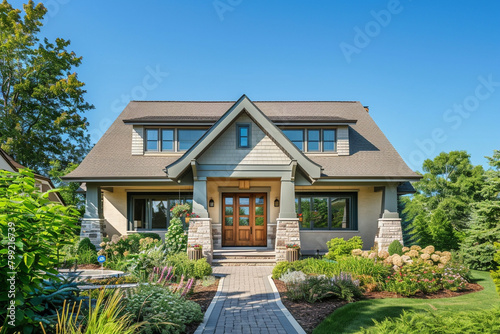 A front view of an elegant bisque craftsman cottage style home, with a triple pitched roof, perfect landscaping, a neat pathway, and superior curb appeal, epitomizing refined simplicity.