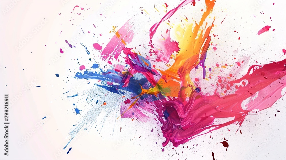 UHD image featuring vibrant abstract art splashes on a pristine white background. UHD image featuring vibrant abstract art splashes on a pristine white background.