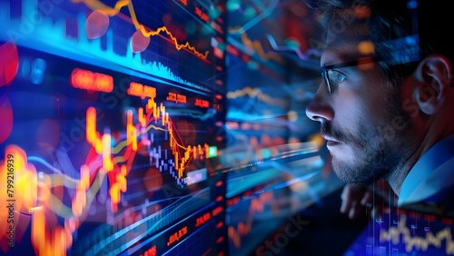 Analyzing Stock Market Trends and Data: Professionals Working Late into the Night. Concept Stock Market Trends, Data Analysis, Late Night, Professionals, Work Environment