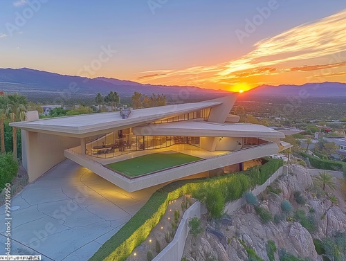 A large house with a pool and a golf course. The house is on a hill and the sun is setting