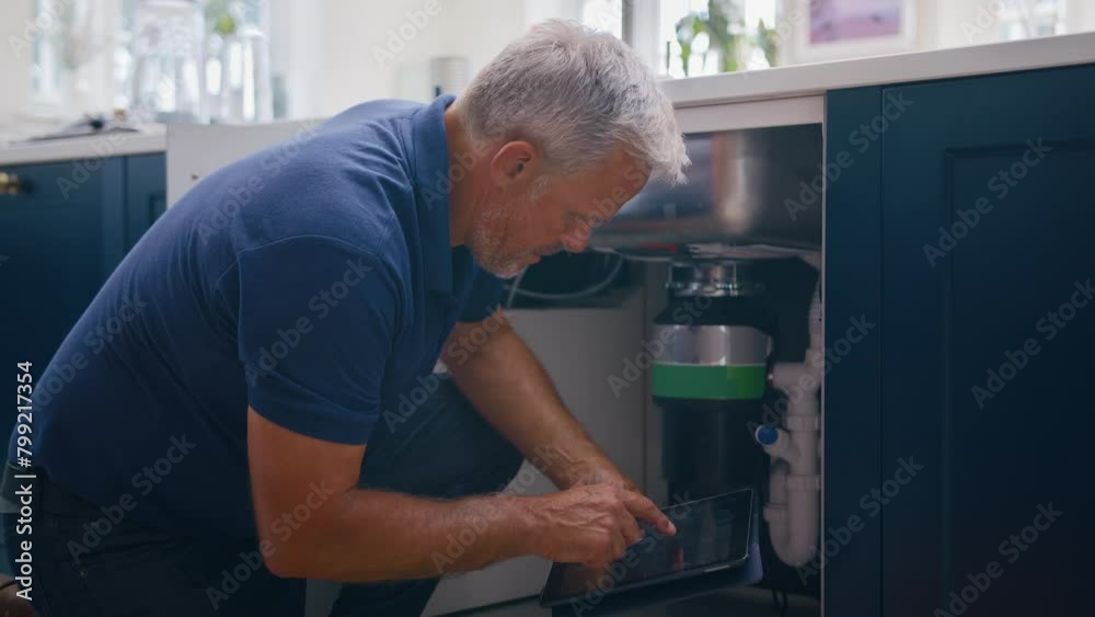 Mature male plumber with digital tablet fixing waste disposal unit in domestic kitchen - shot in slow motion Mature male plumber with digital tablet fixing waste disposal unit in domestic kitchen - shot in slow motion