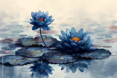 Cobalt Lily Bloom on Watercolor Background photo