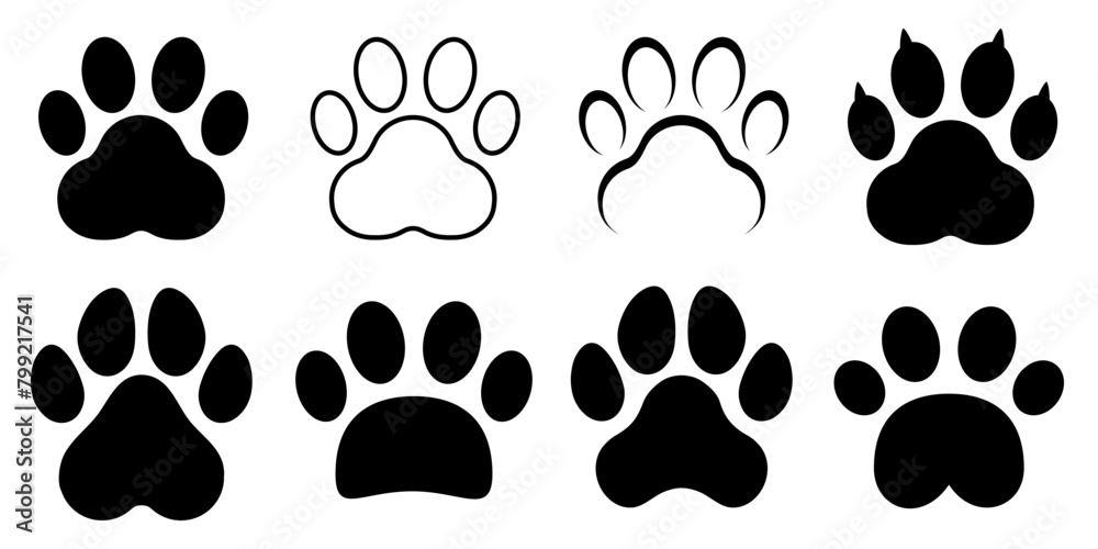 Paw footprint icon set, cute animal track collection, dog or cat paw print icons in different style Paw footprint icon set, cute animal track collection, dog or cat paw print icons in different style