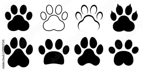 Paw footprint icon set, cute animal track collection, dog or cat paw print icons in different style photo