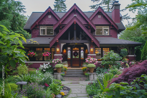A luxurious burgundy craftsman cottage style home, with a triple pitched roof, enhanced by exquisite floral arrangements and a beautifully crafted entrance walkway,