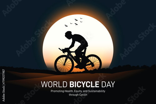 World Bicycle Day. World Bicycle Day creative background, template, banner, poster, social media post, greetings card, t-shirts etc. Promoting Health, Equity, and Sustainability through Cycling.