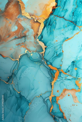 Abstract dusty gold liquid watercolor background with sea blue cracks. Pastel golden marble alcohol ink drawing effect