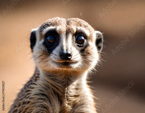 A close-up portrait of a curious meerkat with large eyes and a furry face, set against a blurred natural background