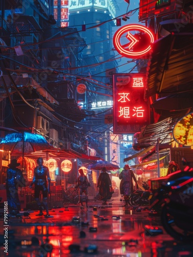 Cyberpunk Rainy Street SceneNeon Signs and ATM in the City