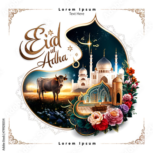 Poster template a Suitable Eidal Adha Background Design, a cow is standing in a field with a mosque in the background. Islamic festivals poster design Eid al Adha  photo