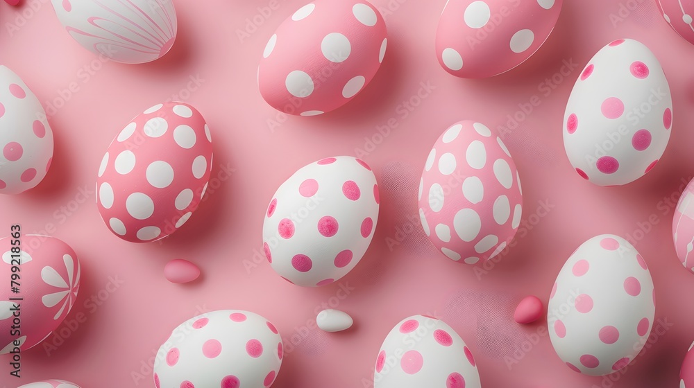 Colorful Pink and White Patterned Easter Eggs on Pink Background