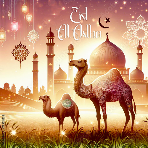 A Suitable Eidal Adha Background Design, Eid al Adha Mubarak Festival Islamic background a picture of a camels and a mosque photo