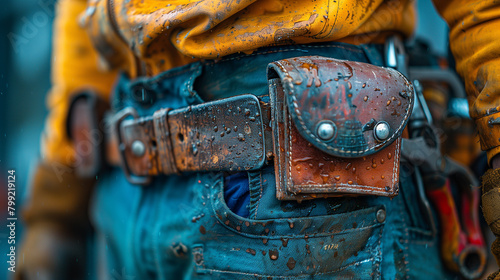 Close-up of a construction worker's tool belt, packed with tools and gear for the job site. photo