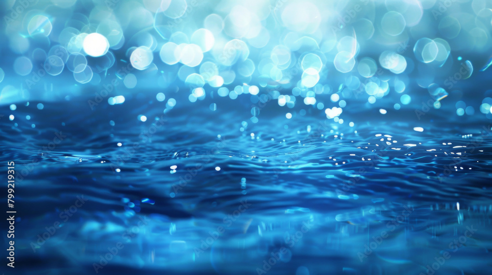 Tranquil blue water surface with soft lighting and defocused bokeh highlights in abstract background Tranquil blue water surface with soft lighting and defocused bokeh highlights in abstract background