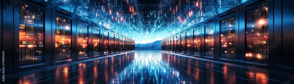 futuristic data center with blue and orange lights futuristic data center with blue and orange lights