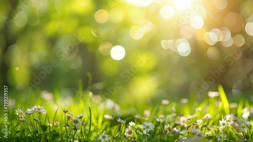 Tranquil meadow glistening in the sun and adorned with white daisies