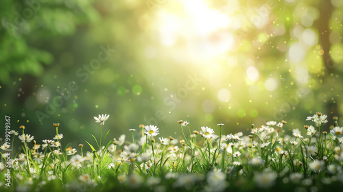 Warm sunlight bathes a lush meadow of white wildflowers, invoking a serene, magical atmosphere