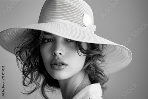 A stylish black and white portrait of a woman adorned with a chic hat, highlighting minimalist fashion trends. AI Generated.