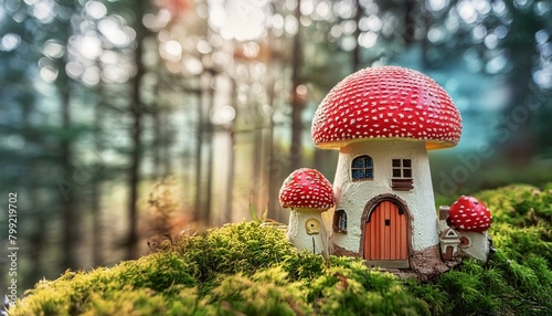 high quality out door scene with lush green tree and red mushrooms house in a beautiful forest, surrounded by the wilderness areas