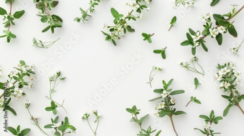 Fresh Thyme Leaves and Flowers Closeup on White Background Generative AI