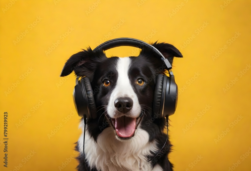 A dog wearing large headphones against a bright background