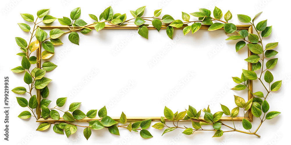 Fototapeta premium Gold frame with green leaves on white background