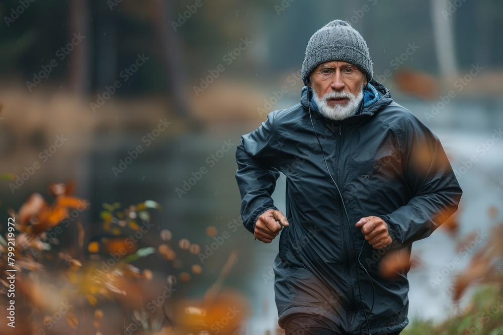 Elderly Man Running in the Rain