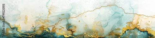 Colors of summer. Abstract texture july or august summer banner. Abstract dusty gold liquid watercolor background with sea blue cracks. Pastel golden marble alcohol ink drawing effect. photo