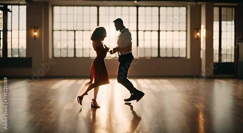 Couple dancing salsa in a dance hall. photo