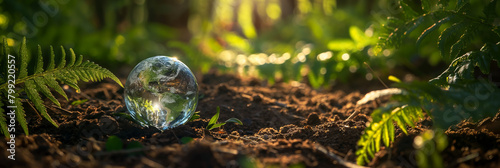 A crystal clear glass globe nestles among rich forest soil and green fern leaves, with the sunlight creating a magical ambiance photo