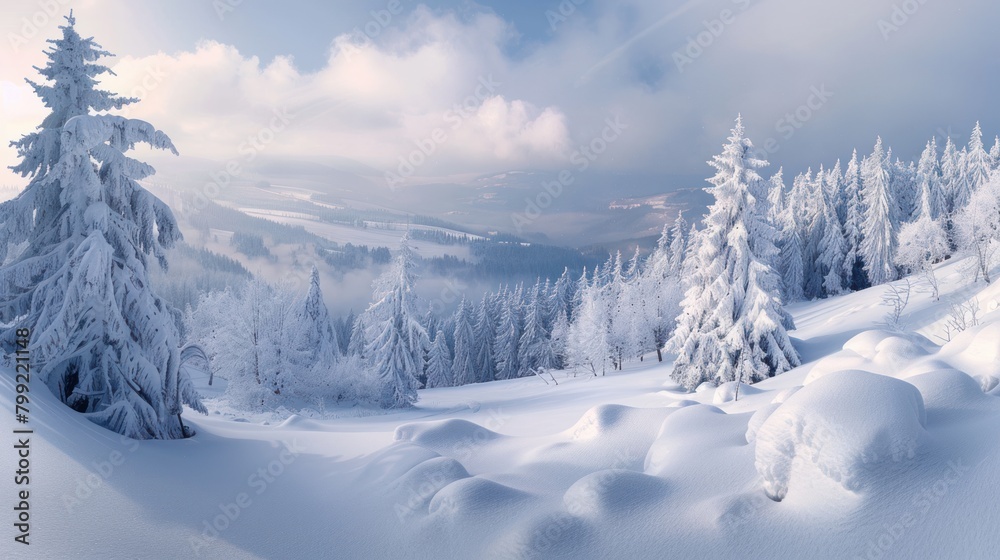 A snowy landscape with trees and a mountain in the background. The snow is piled up on the ground, creating a peaceful and serene atmosphere