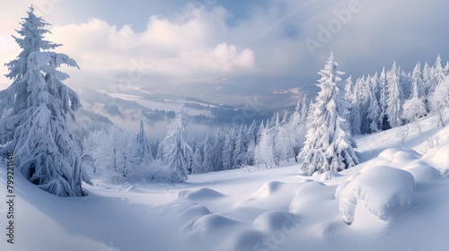 A snowy landscape with trees and a mountain in the background. The snow is piled up on the ground, creating a peaceful and serene atmosphere © Nico