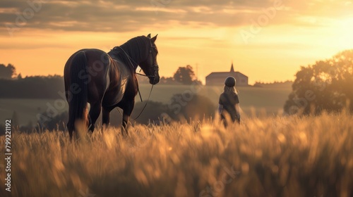 The picture of the cowboy or horse trainer with the horse that has been surrounded with wild nature under the sun at the dawn or dusk time, horse trainer require handling skills and technique. AIG43.